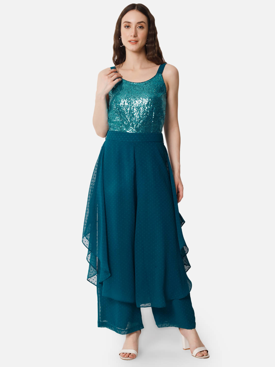     			OTIRA Women's Embellished Georgette Jumpsuit ( Teal )