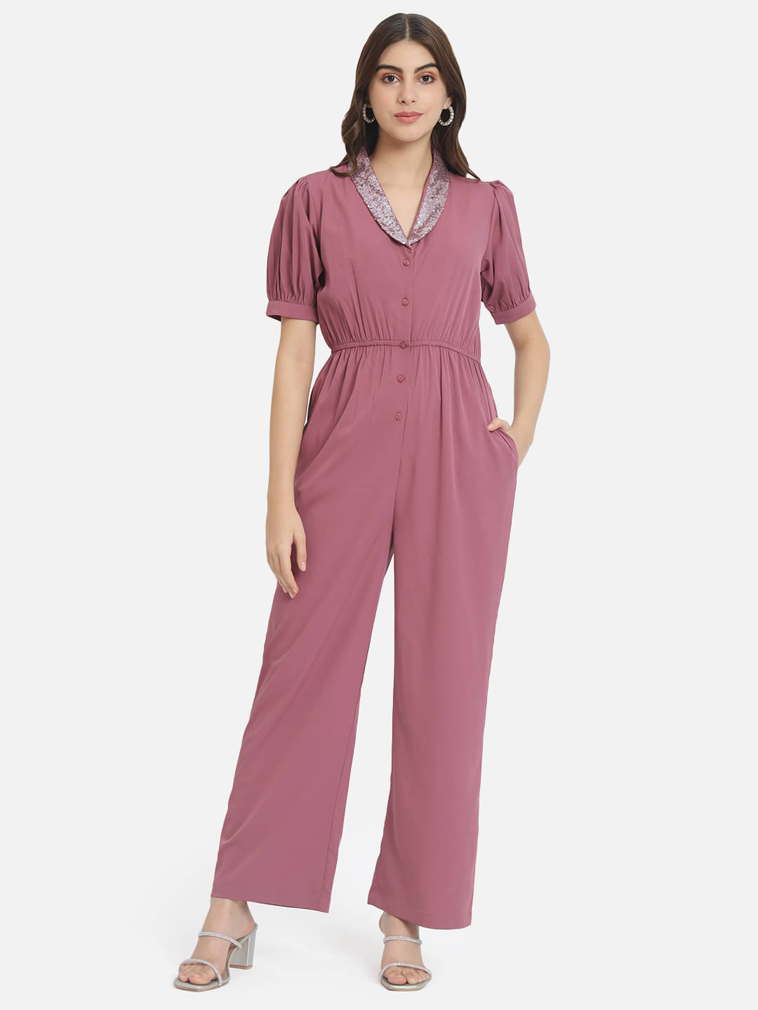     			OTIRA Women's Solid Crepe Jumpsuit ( Pink )