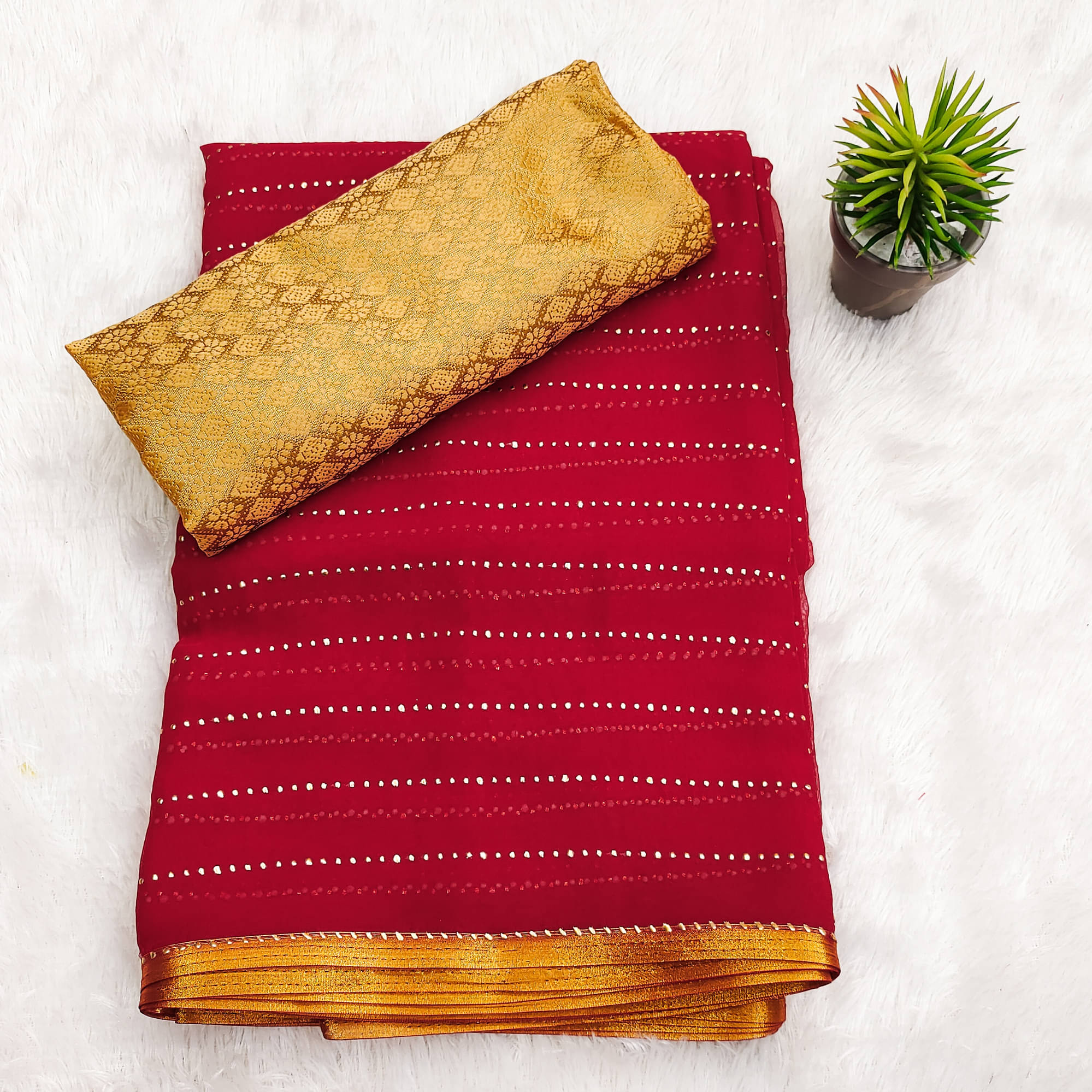     			Parmila Fashion Chiffon Embellished Saree With Unstitched Blouse Piece ( Red )