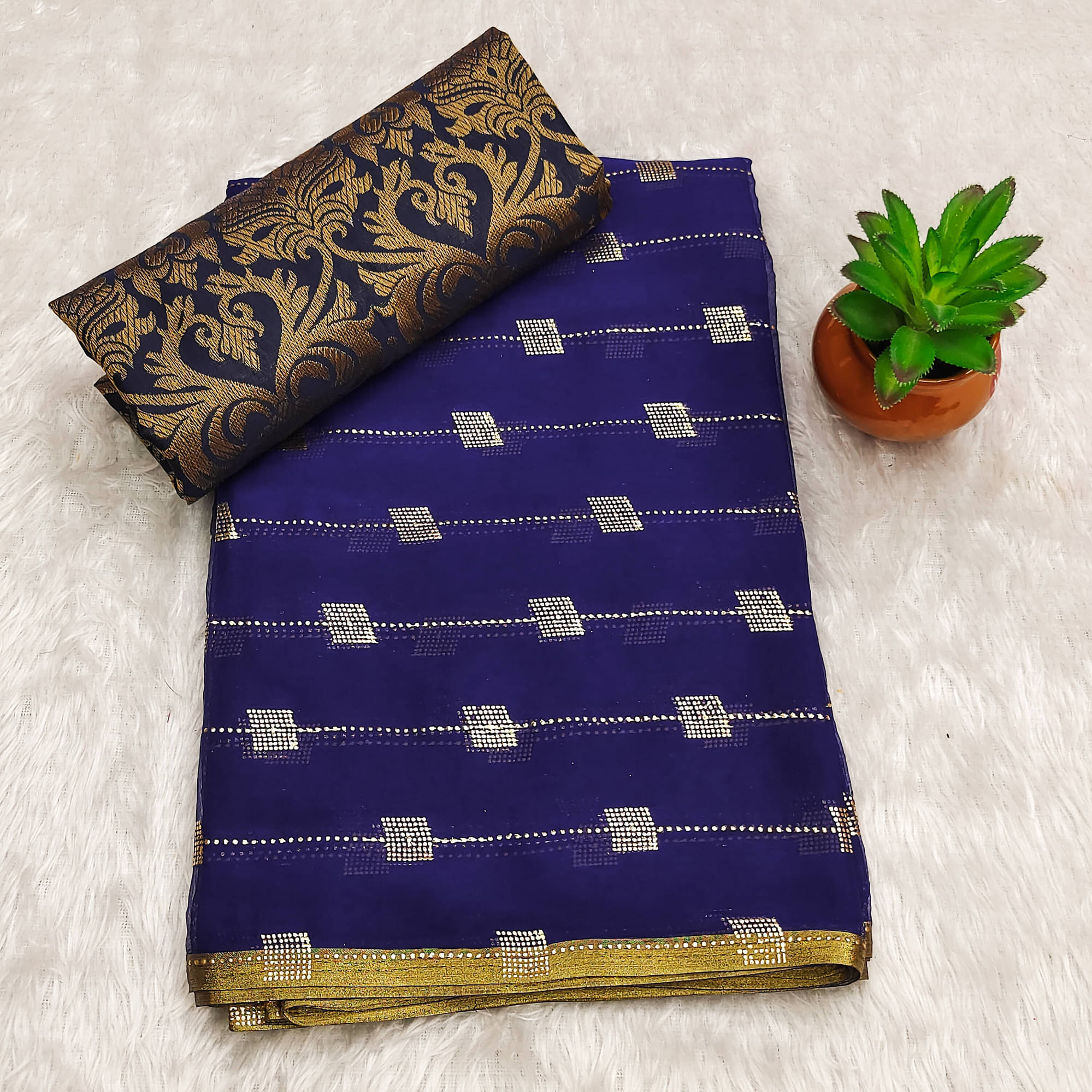     			Parmila Fashion Chiffon Embellished Saree With Unstitched Blouse Piece ( Navy Blue )