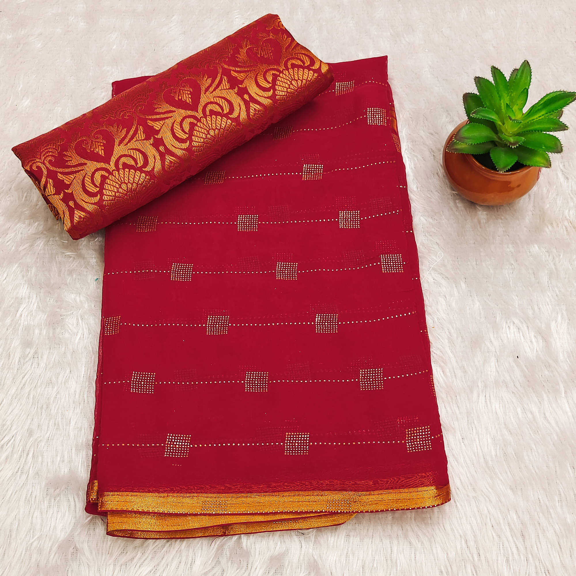     			Parmila Fashion Chiffon Embellished Saree With Unstitched Blouse Piece ( Red )