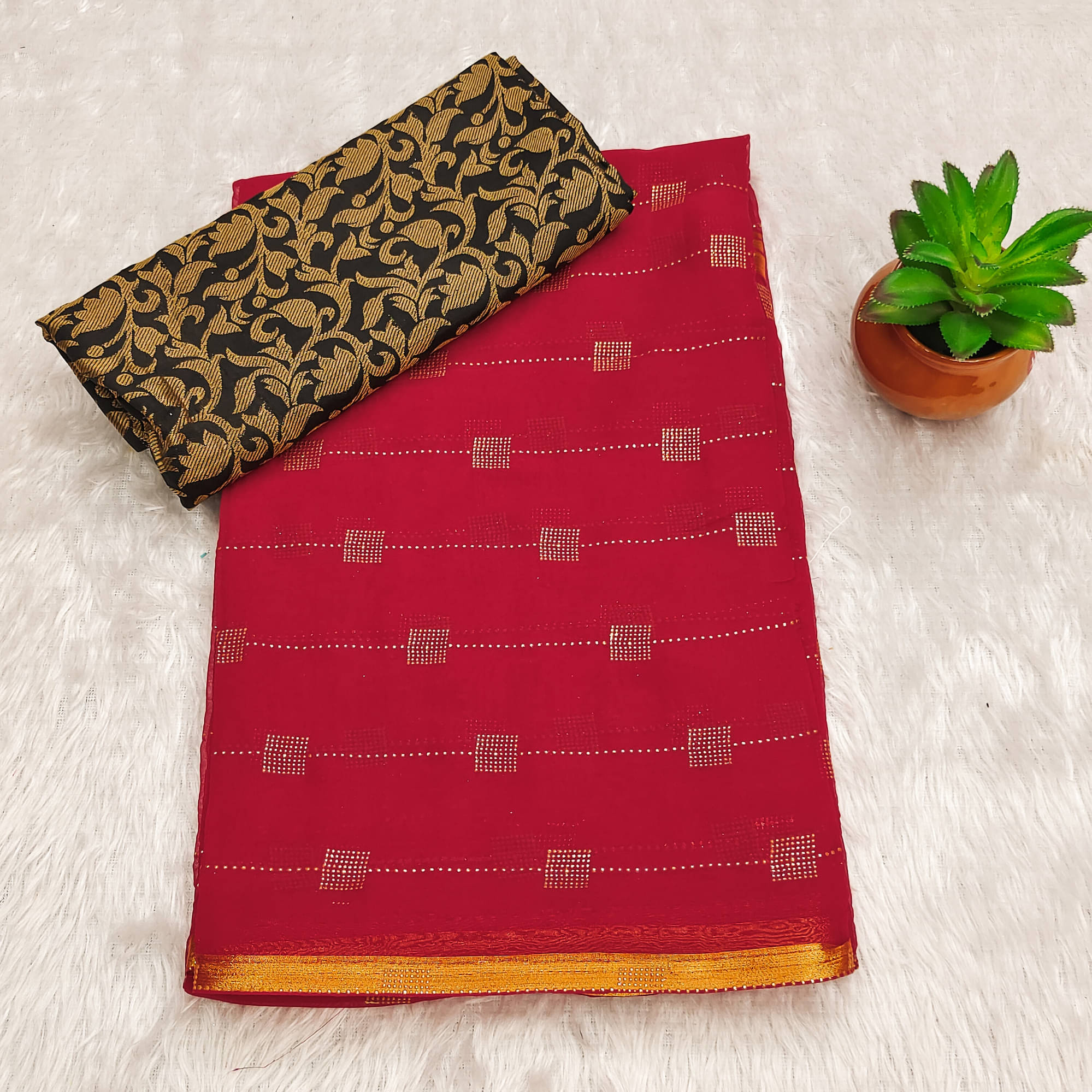     			Parmila Fashion Chiffon Embellished Saree With Unstitched Blouse Piece ( Red )