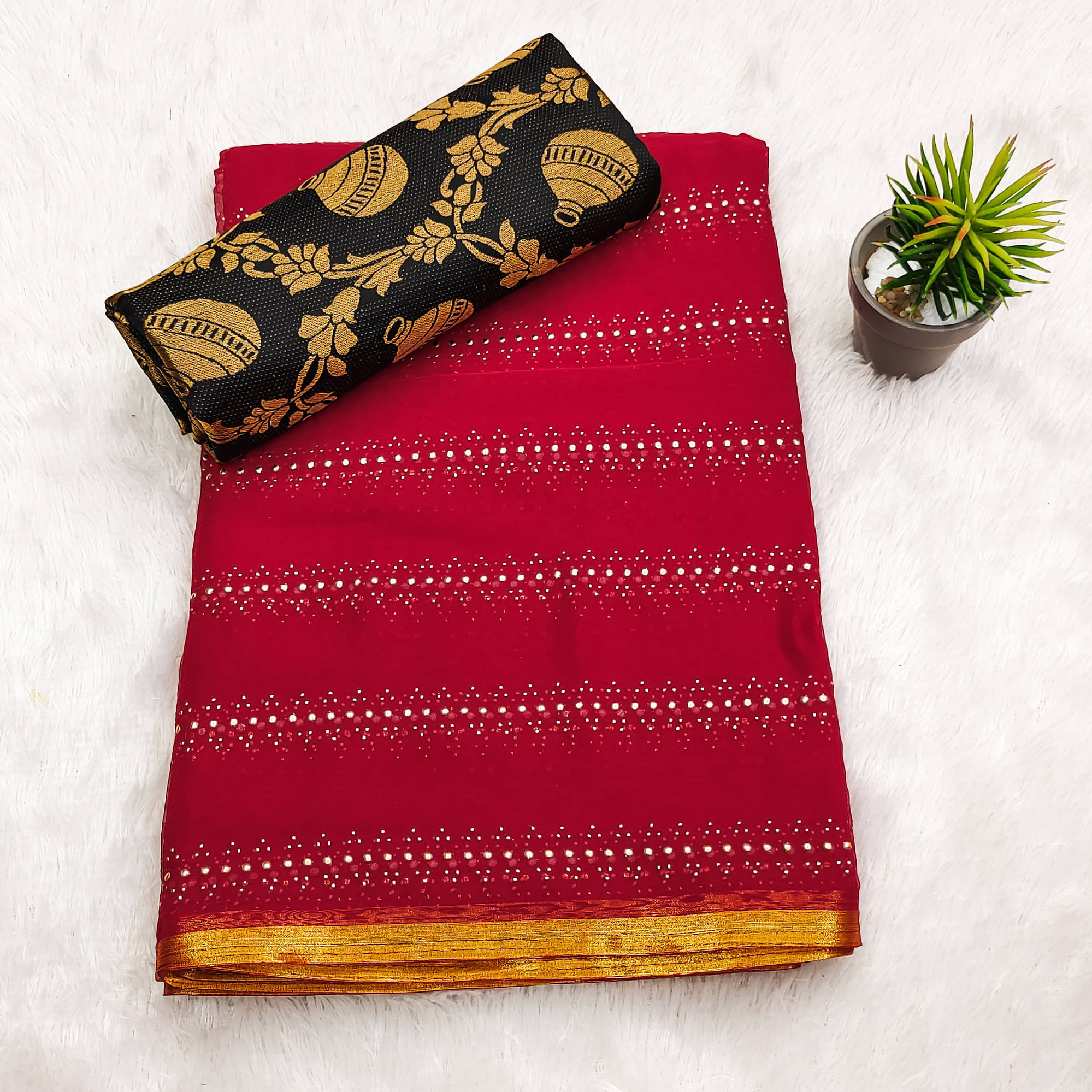    			Parmila Fashion Chiffon Embellished Saree With Unstitched Blouse Piece ( Red )