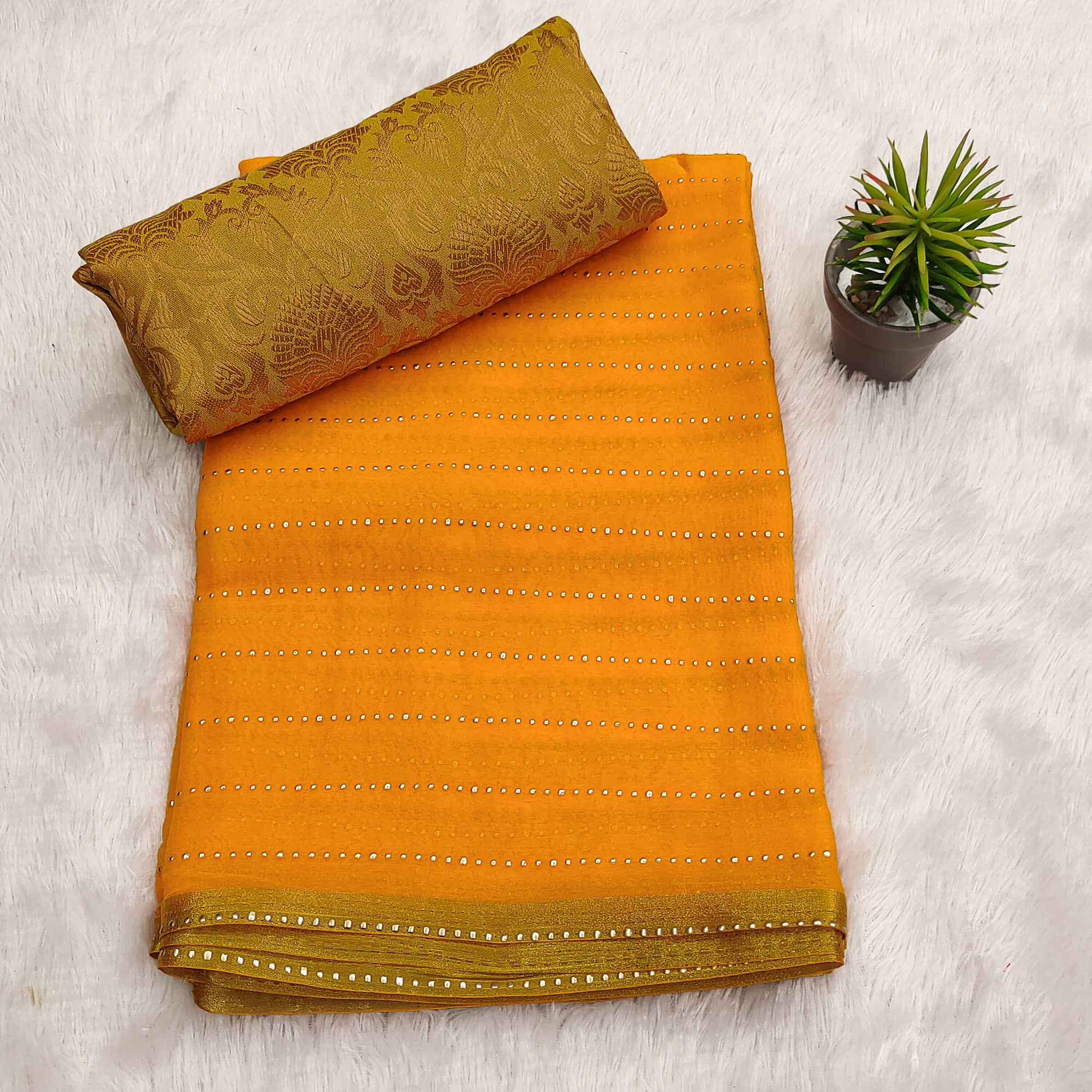 Parmila Fashion Chiffon Embellished Saree With Unstitched Blouse Piece ( Gold ) - Sarees | Buy online on ZillyBuy