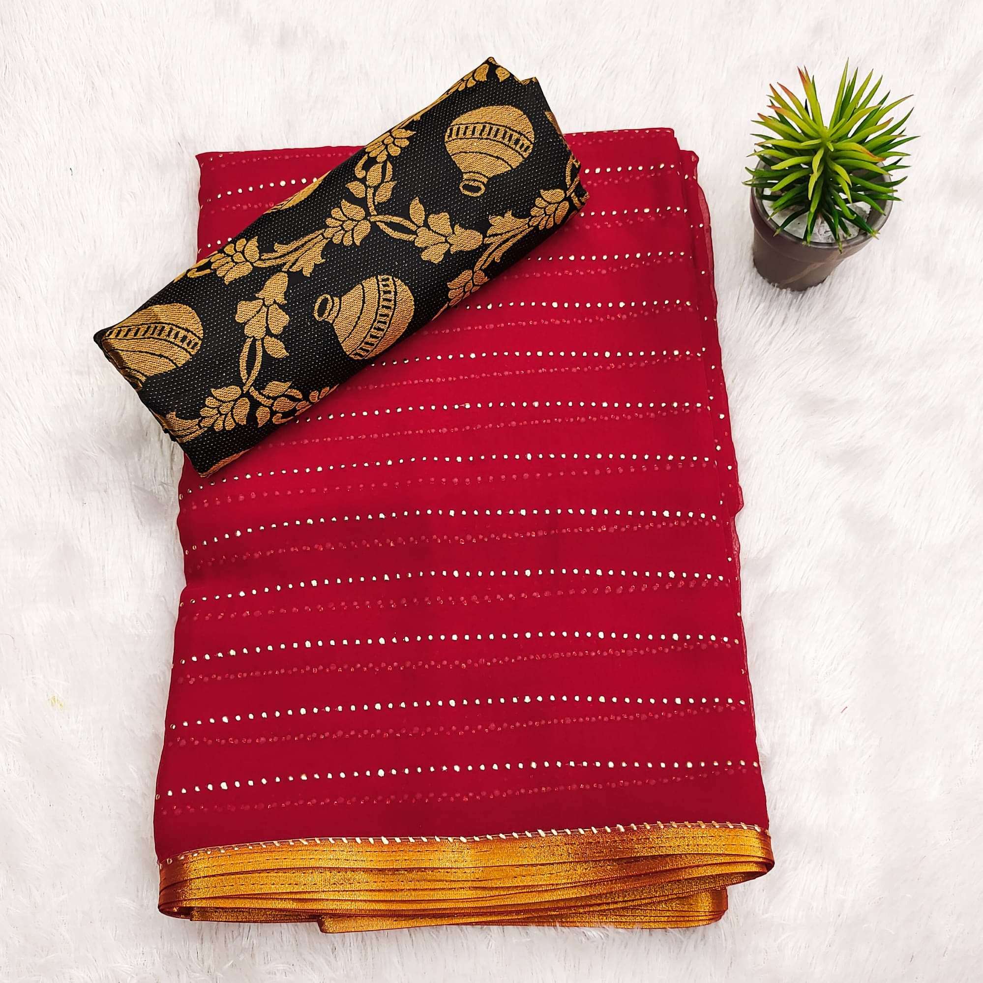 Parmila Fashion Chiffon Embellished Saree With Unstitched Blouse Piece ( Red )     			Parmila Fashion Chiffon Embellished Saree With Unstitched Blouse Piece ( Red )