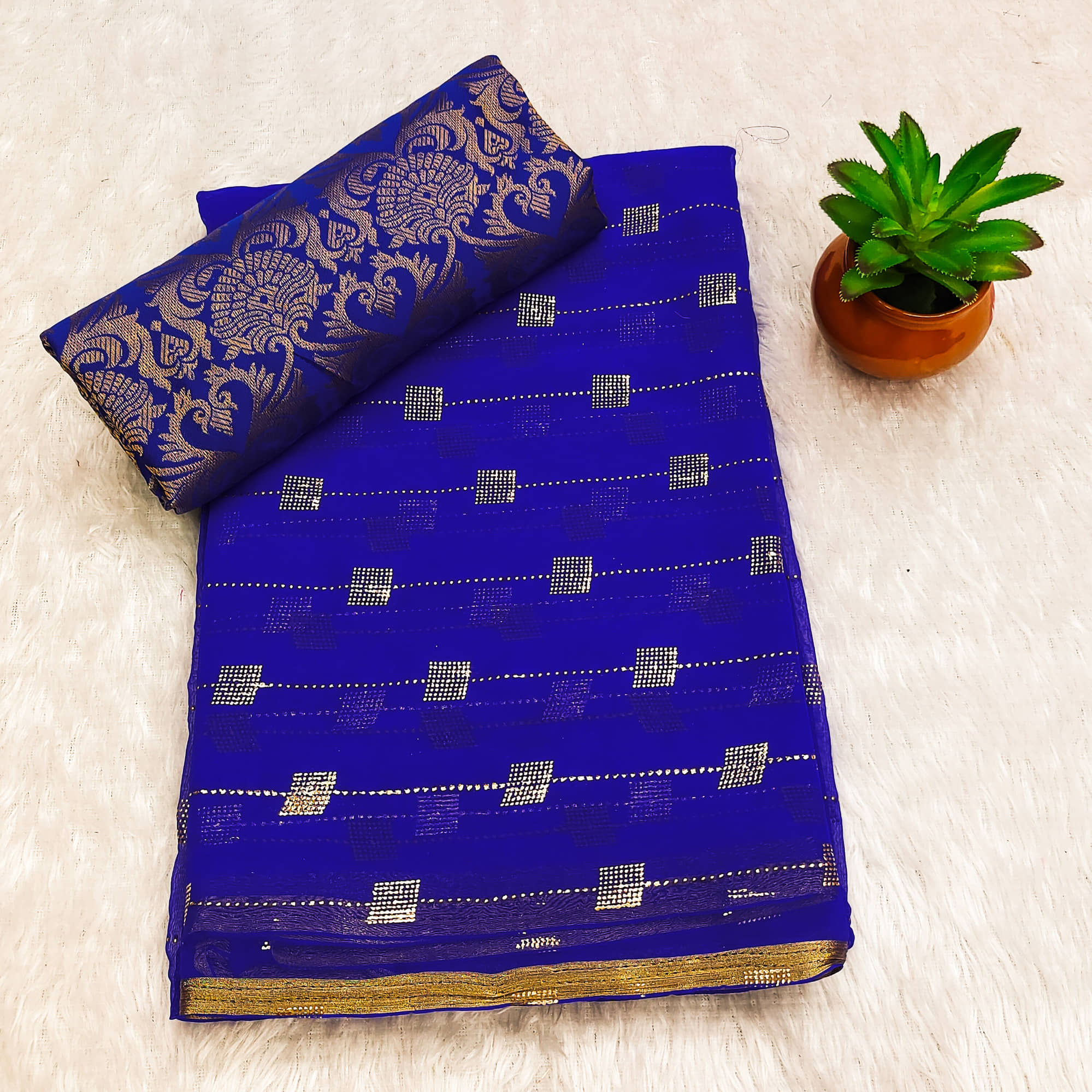 Parmila Fashion Chiffon Embellished Saree With Unstitched Blouse Piece ( Blue ) - Sarees | Buy online on ZillyBuy