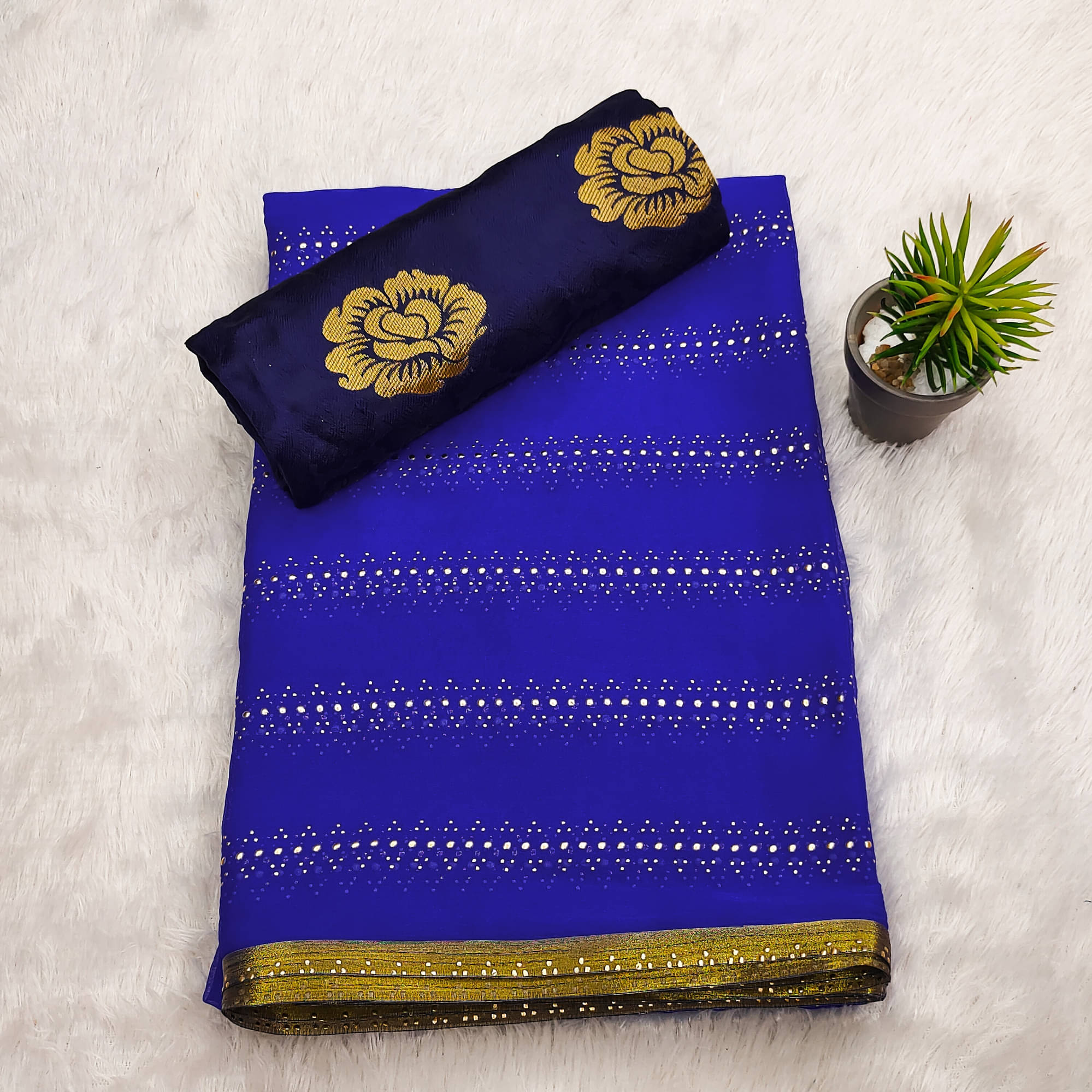     			Parmila Fashion Chiffon Embellished Saree With Unstitched Blouse Piece ( Blue )