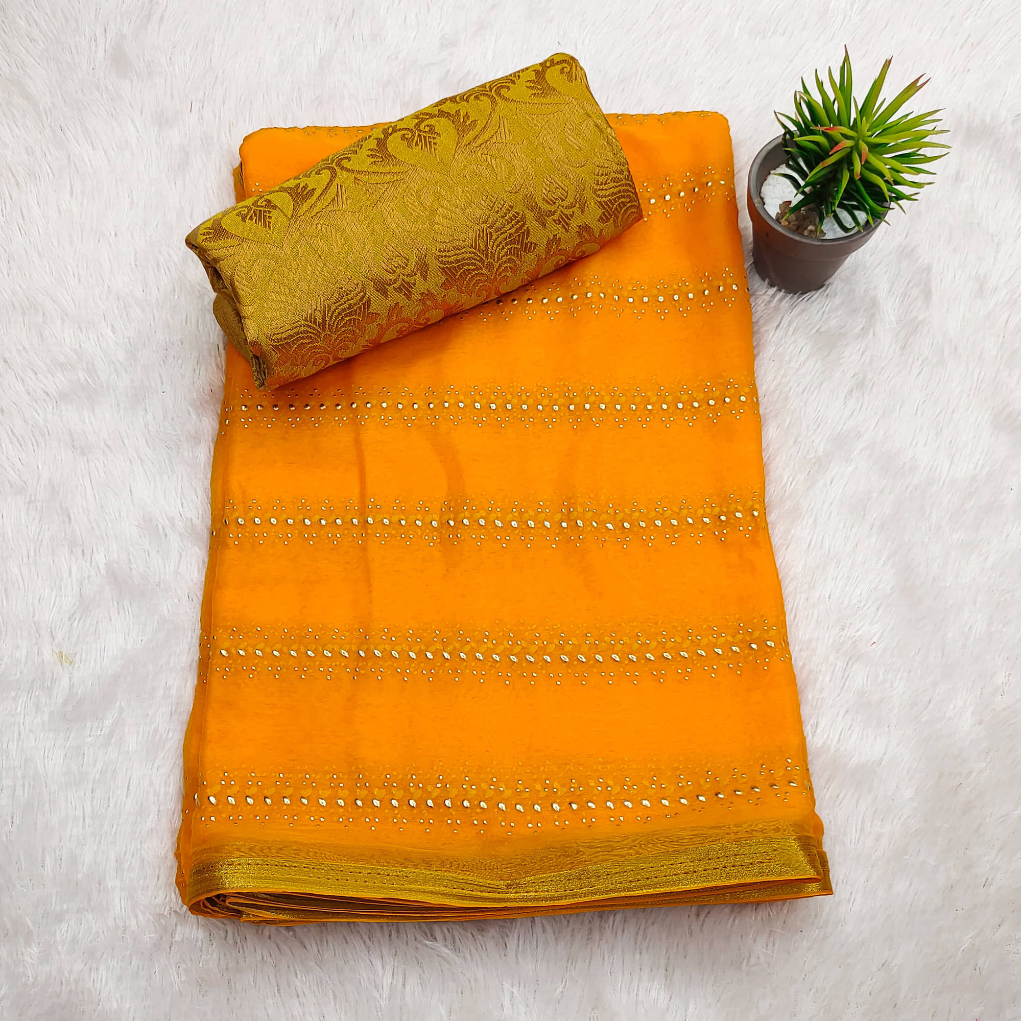 Parmila Fashion Chiffon Embellished Saree With Unstitched Blouse Piece ( Gold ) Parmila Fashion Chiffon Embellished Saree With Unstitched Blouse Piece ( Gold )