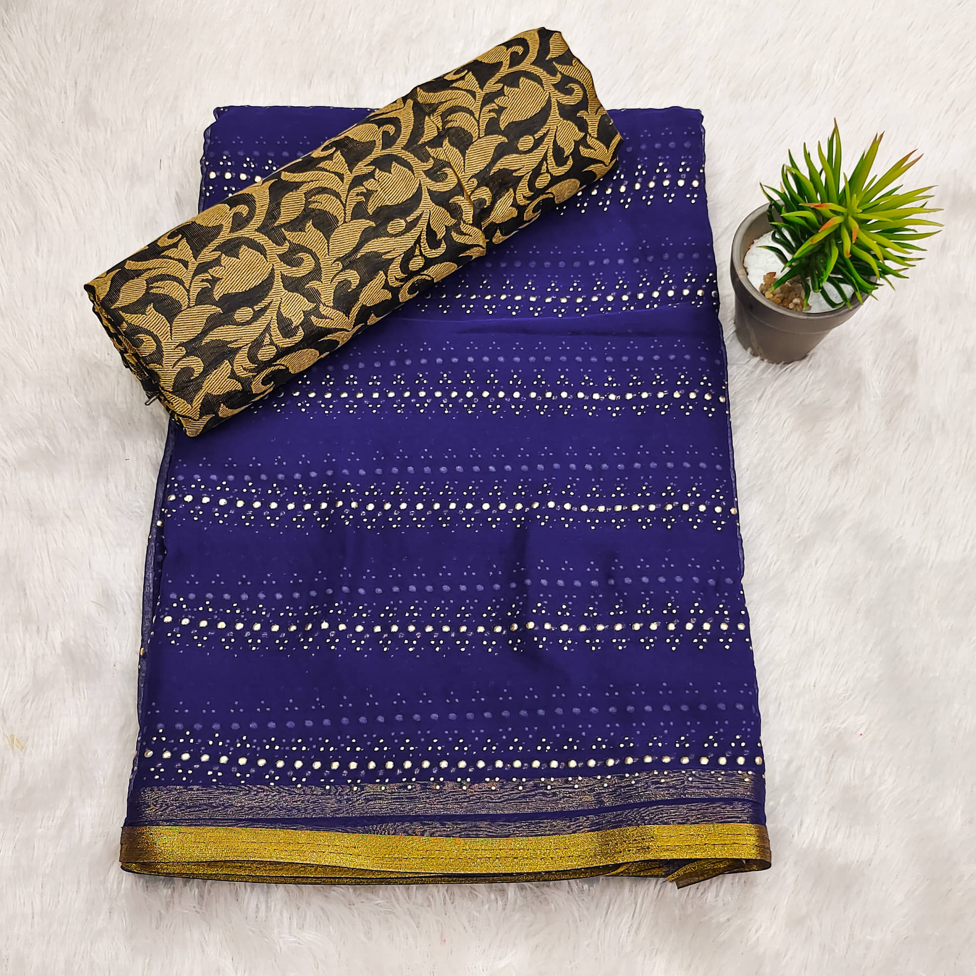     			Parmila Fashion Chiffon Embellished Saree With Unstitched Blouse Piece ( Navy Blue )