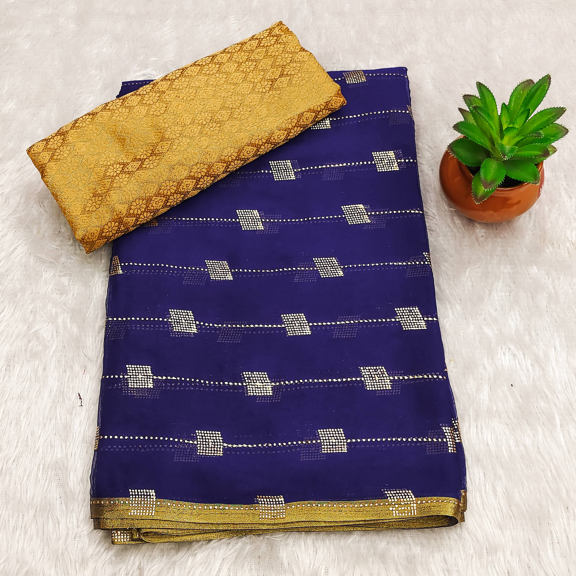     			Parmila Fashion Chiffon Embellished Saree With Unstitched Blouse Piece ( Navy Blue )