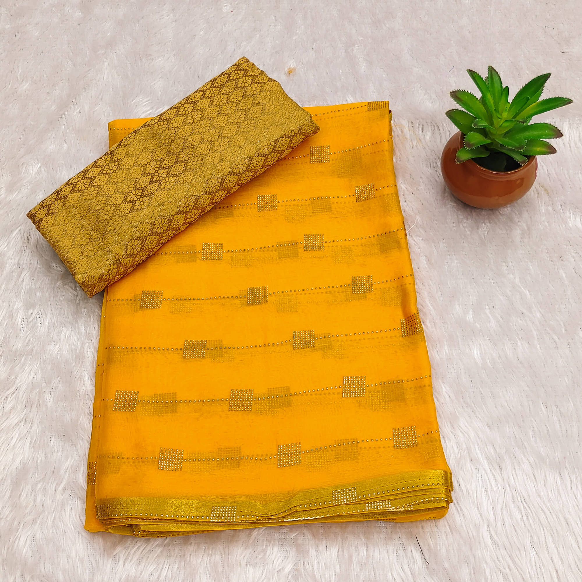 Parmila Fashion Chiffon Embellished Saree With Unstitched Blouse Piece ( Gold ) Parmila Fashion Chiffon Embellished Saree With Unstitched Blouse Piece ( Gold )
