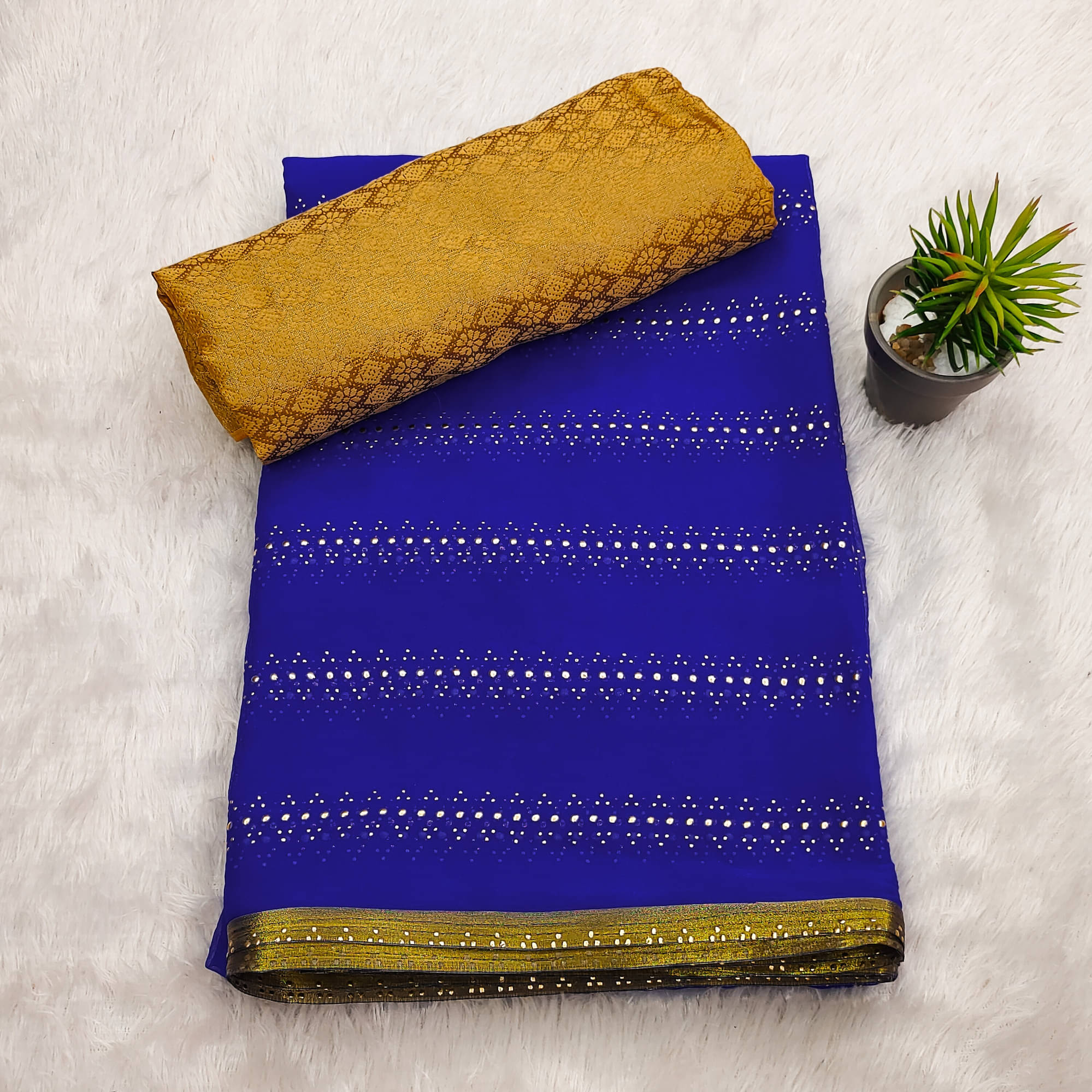     			Parmila Fashion Chiffon Embellished Saree With Unstitched Blouse Piece ( Blue )