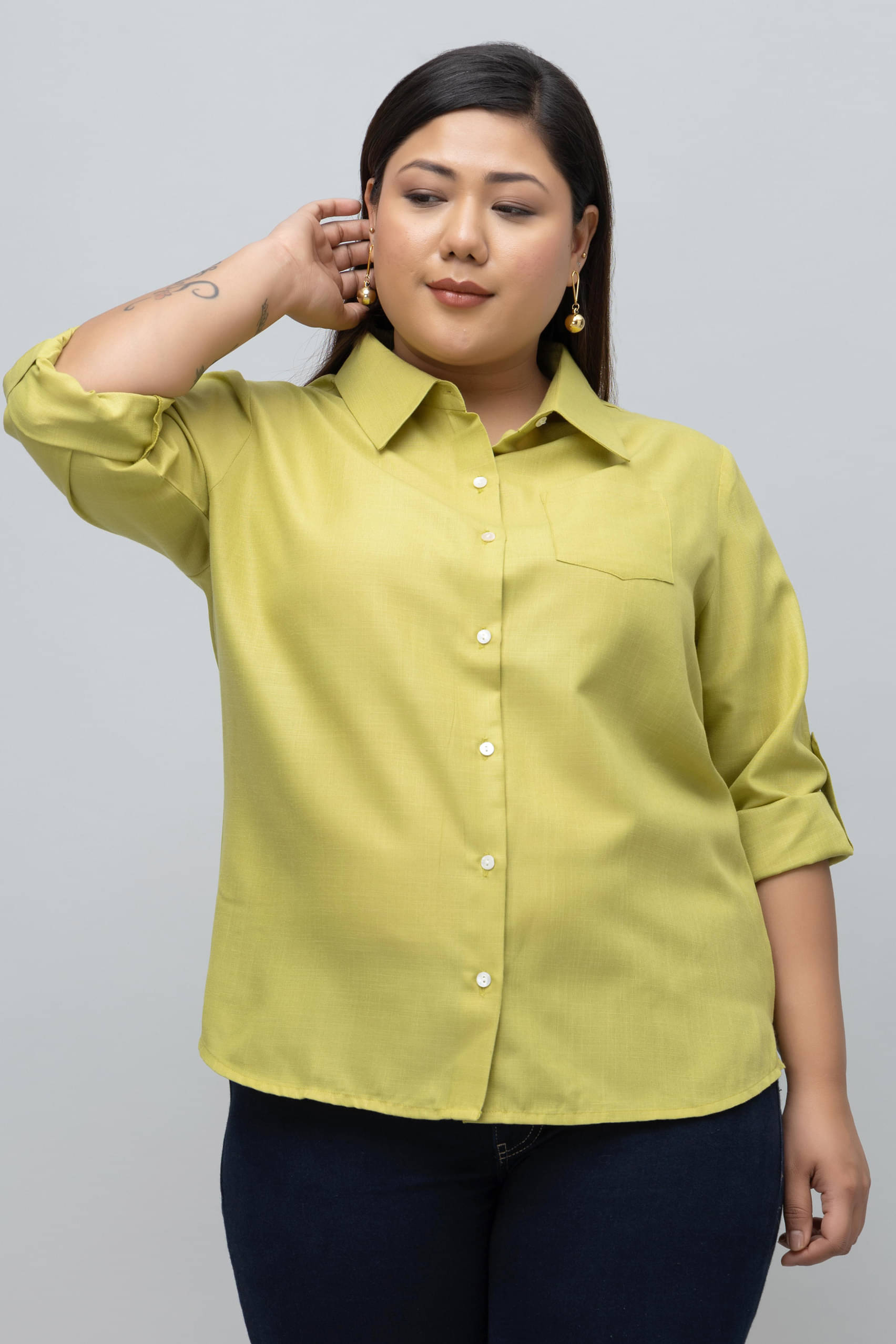 Purys Women Solid Linen Blend Shirt ( Green )     			Purys Women Solid Linen Blend Shirt ( Green )