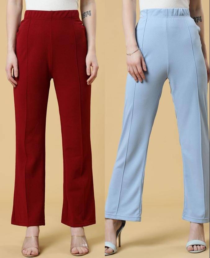     			Qyaas Pack of 2 Lycra Straight Women's Formal Pants ( Maroon,Light Blue )