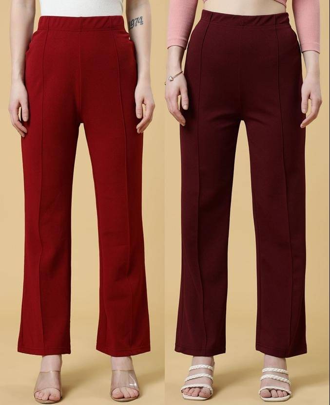     			Qyaas Pack of 2 Lycra Straight Women's Formal Pants ( Maroon,Wine )