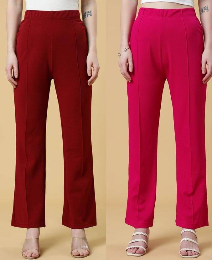     			Qyaas Pack of 2 Lycra Straight Women's Formal Pants ( Maroon,Pink )