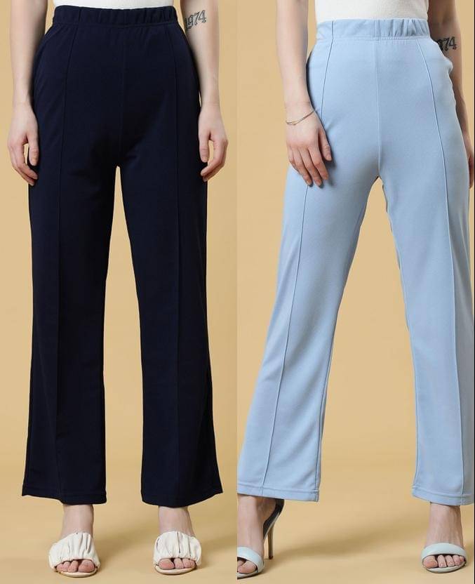     			Qyaas Pack of 2 Lycra Straight Women's Formal Pants ( Navy,Light Blue )