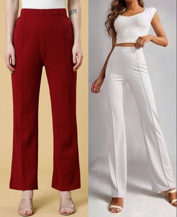     			Qyaas Pack of 2 Lycra Straight Women's Formal Pants ( Maroon,White )
