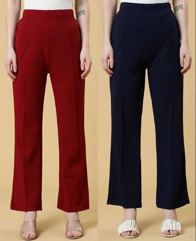     			Qyaas Pack of 2 Lycra Straight Women's Formal Pants ( Maroon,Navy Blue )