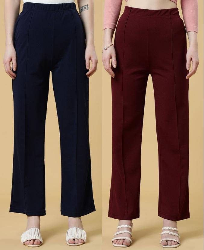     			Qyaas Pack of 2 Lycra Straight Women's Formal Pants ( Navy Blue,Wine )