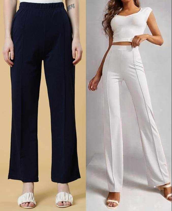     			Qyaas Pack of 2 Lycra Straight Women's Formal Pants ( Navy Blue,White )
