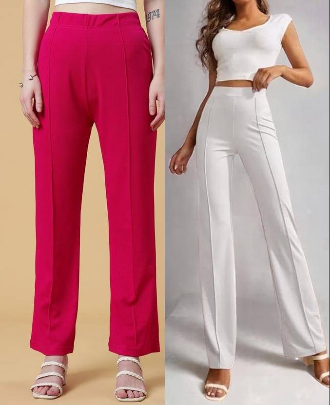     			Qyaas Pack of 2 Lycra Straight Women's Formal Pants ( Pink,White )