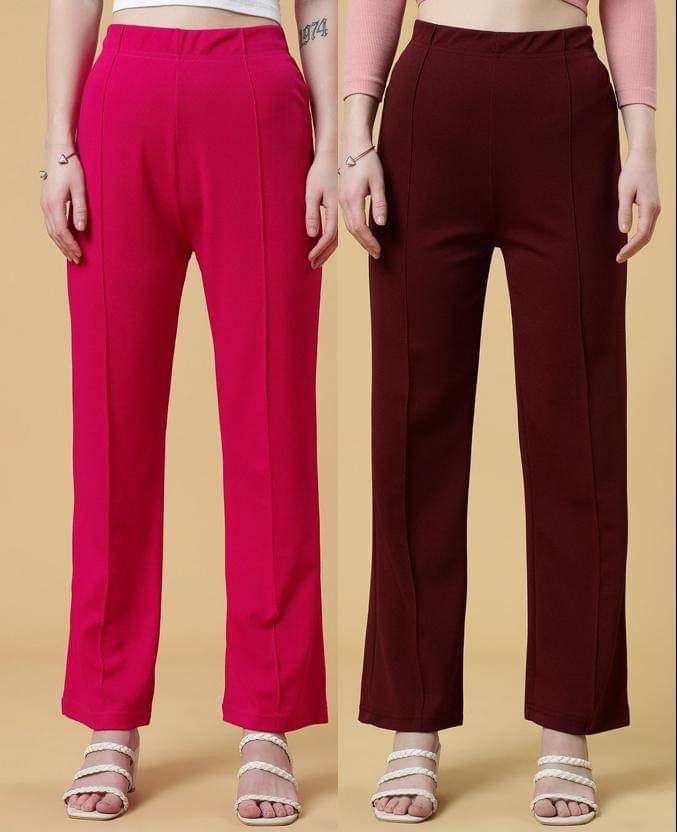     			Qyaas Pack of 2 Lycra Straight Women's Formal Pants ( Pink,Wine )