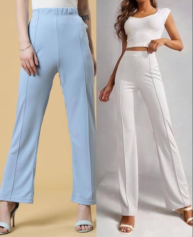     			Qyaas Pack of 2 Lycra Straight Women's Formal Pants ( Light Blue,White )