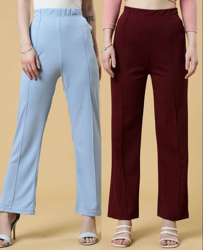     			Qyaas Pack of 2 Lycra Straight Women's Formal Pants ( Light Blue,Wine )