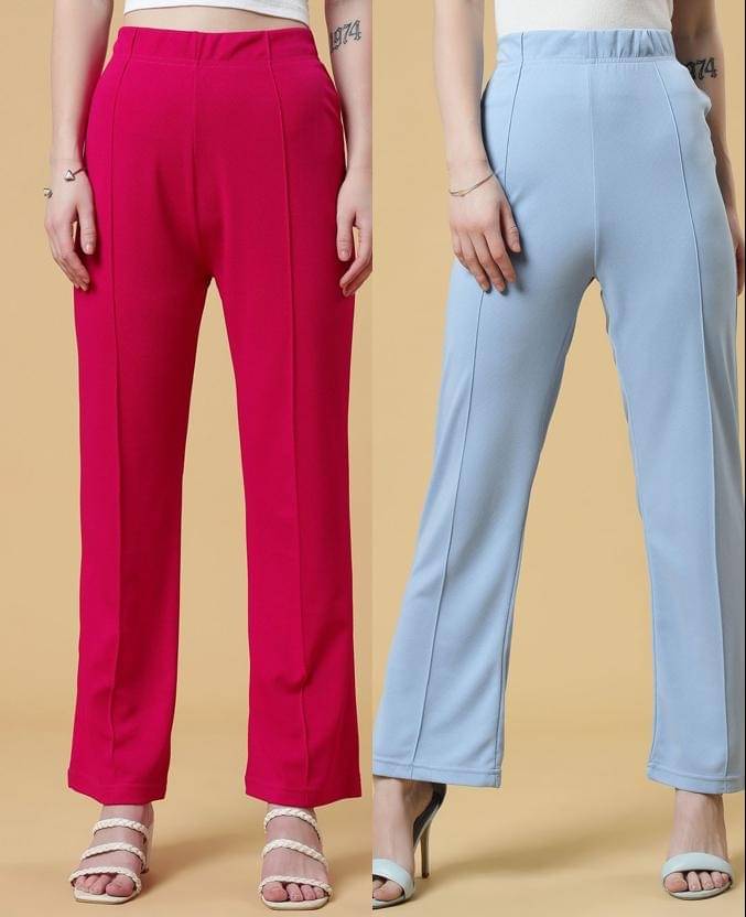     			Qyaas Pack of 2 Lycra Straight Women's Formal Pants ( Pink,Light Blue )
