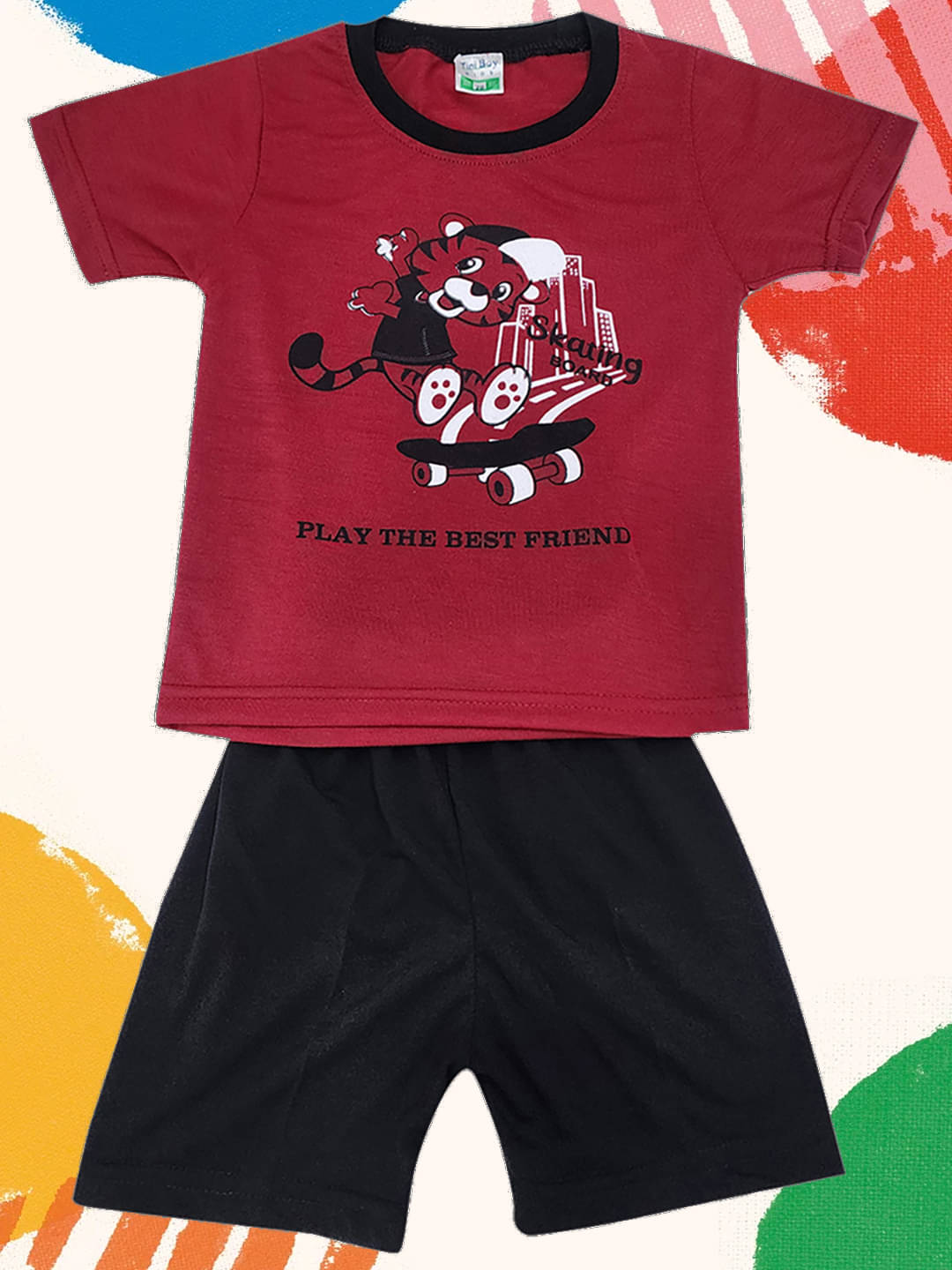 RELANE Pack of 1 Boys Cotton Blend T-Shirt & Shorts Set ( Maroon ) RELANE Pack of 1 Boys Cotton Blend T-Shirt & Shorts Set ( Maroon )