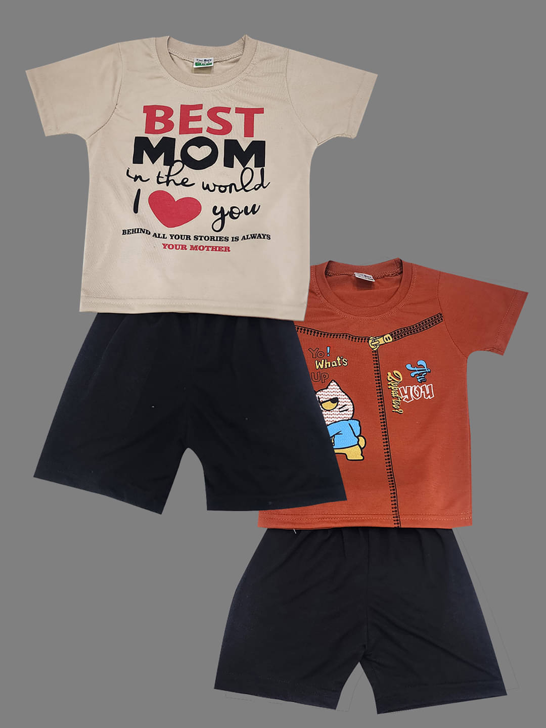 RELANE Pack of 2 Baby Boys Cotton Blend T-Shirt & Shorts Set ( Beige )     			RELANE Pack of 2 Baby Boys Cotton Blend T-Shirt & Shorts Set ( Beige )
