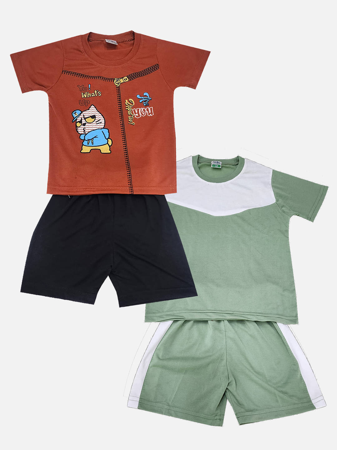 RELANE Pack of 2 Baby Boys Cotton Blend T-Shirt & Shorts Set ( Rust )     			RELANE Pack of 2 Baby Boys Cotton Blend T-Shirt & Shorts Set ( Rust )