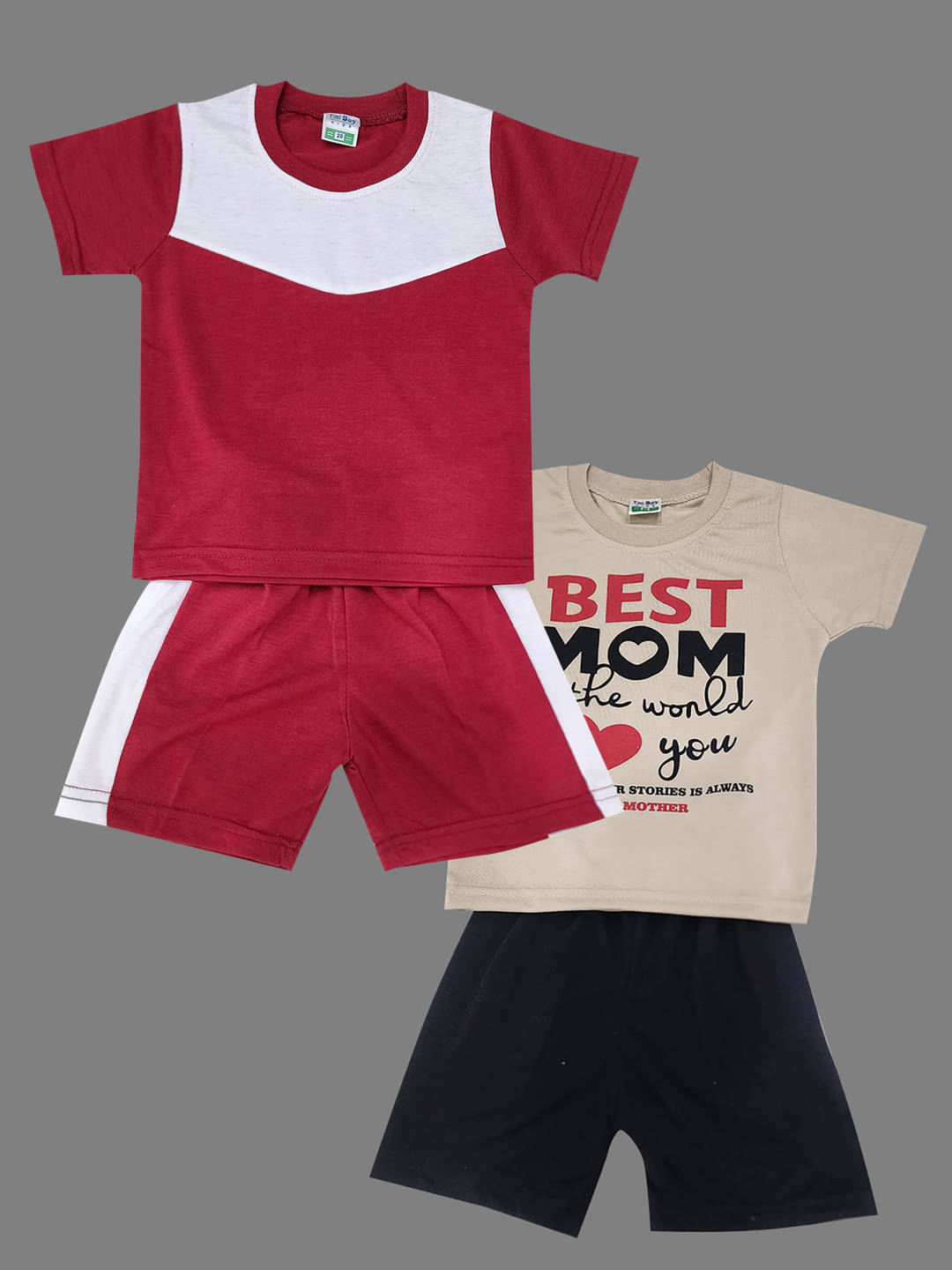    			RELANE Pack of 2 Baby Boys Cotton Blend T-Shirt & Shorts Set ( Maroon )