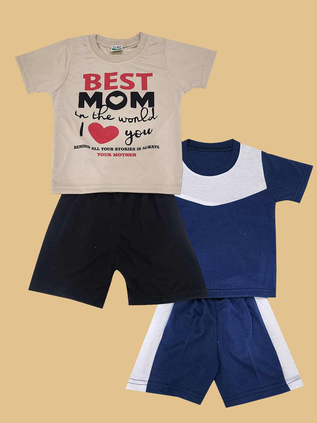 RELANE Pack of 2 Boys Cotton Blend T-Shirt & Shorts Set ( Beige ) RELANE Pack of 2 Boys Cotton Blend T-Shirt & Shorts Set ( Beige )