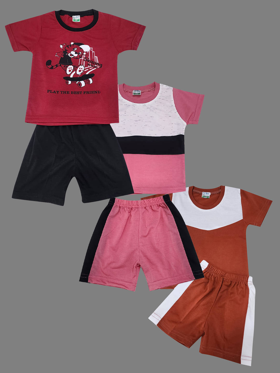     			RELANE Pack of 3 Baby Boys Cotton Blend T-Shirt & Shorts Set ( Maroon )
