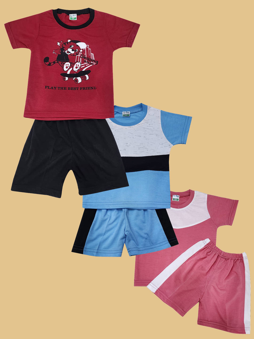     			RELANE Pack of 3 Boys Cotton Blend T-Shirt & Shorts Set ( Maroon )