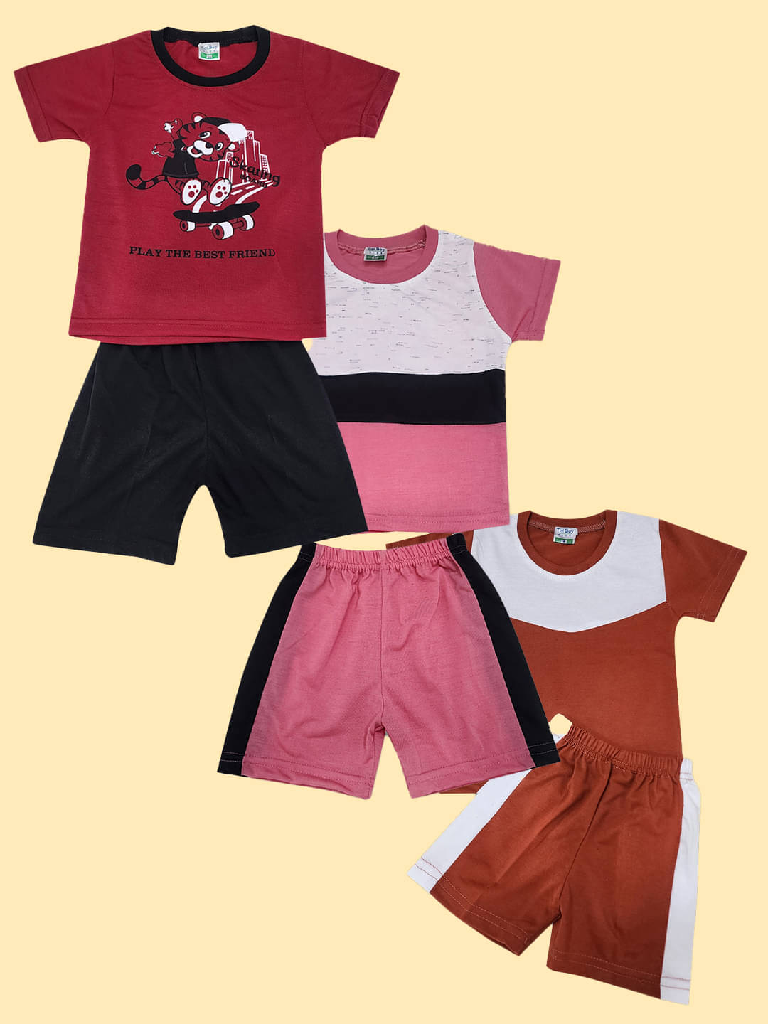     			RELANE Pack of 3 Boys Cotton Blend T-Shirt & Shorts Set ( Maroon )