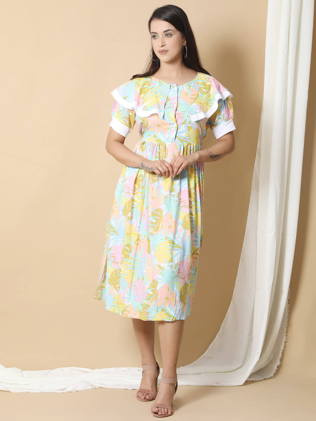     			Ridaa Women's Crepe Printed A-line Dress ( Multicolor )