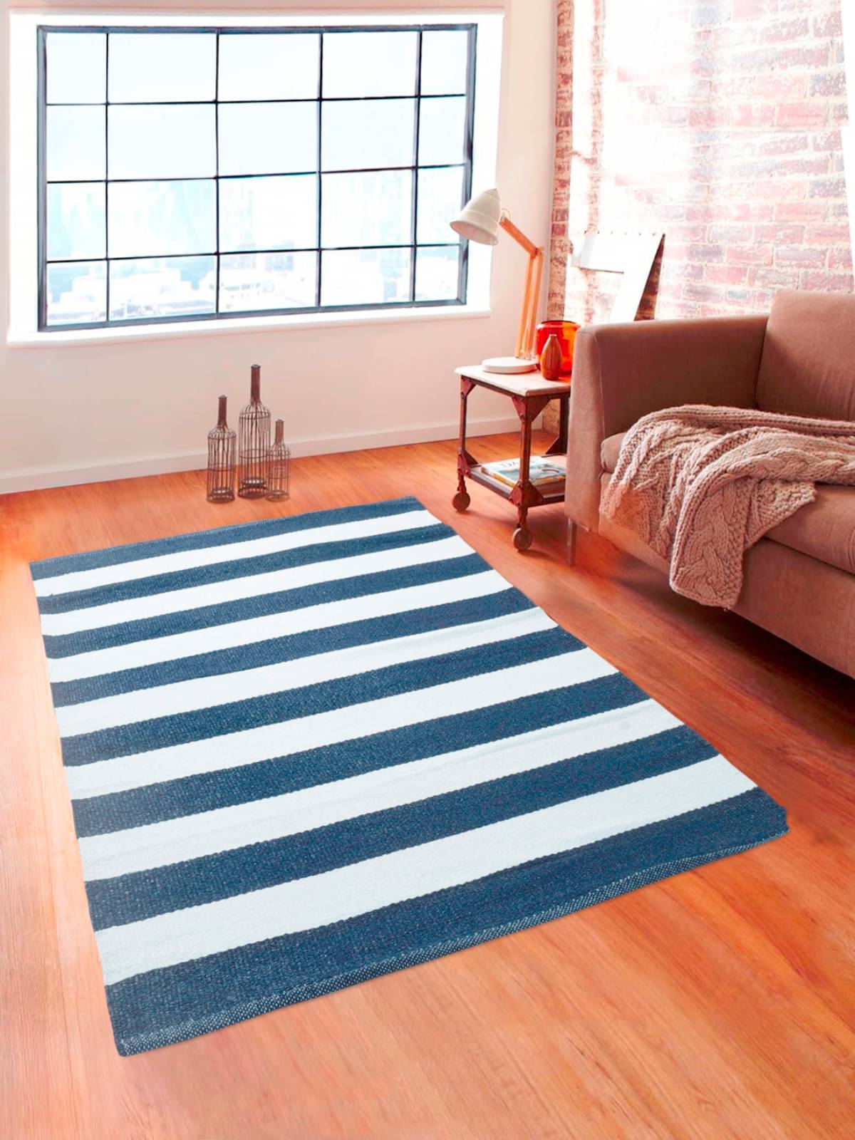     			Romee Blue Polypropylene Dhurrie Carpet Stripes 3x5 Ft