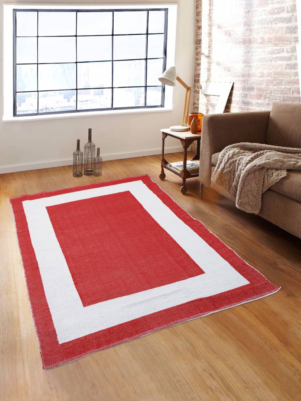     			Romee Red Polypropylene Dhurrie Carpet Geometrical 3x5 Ft