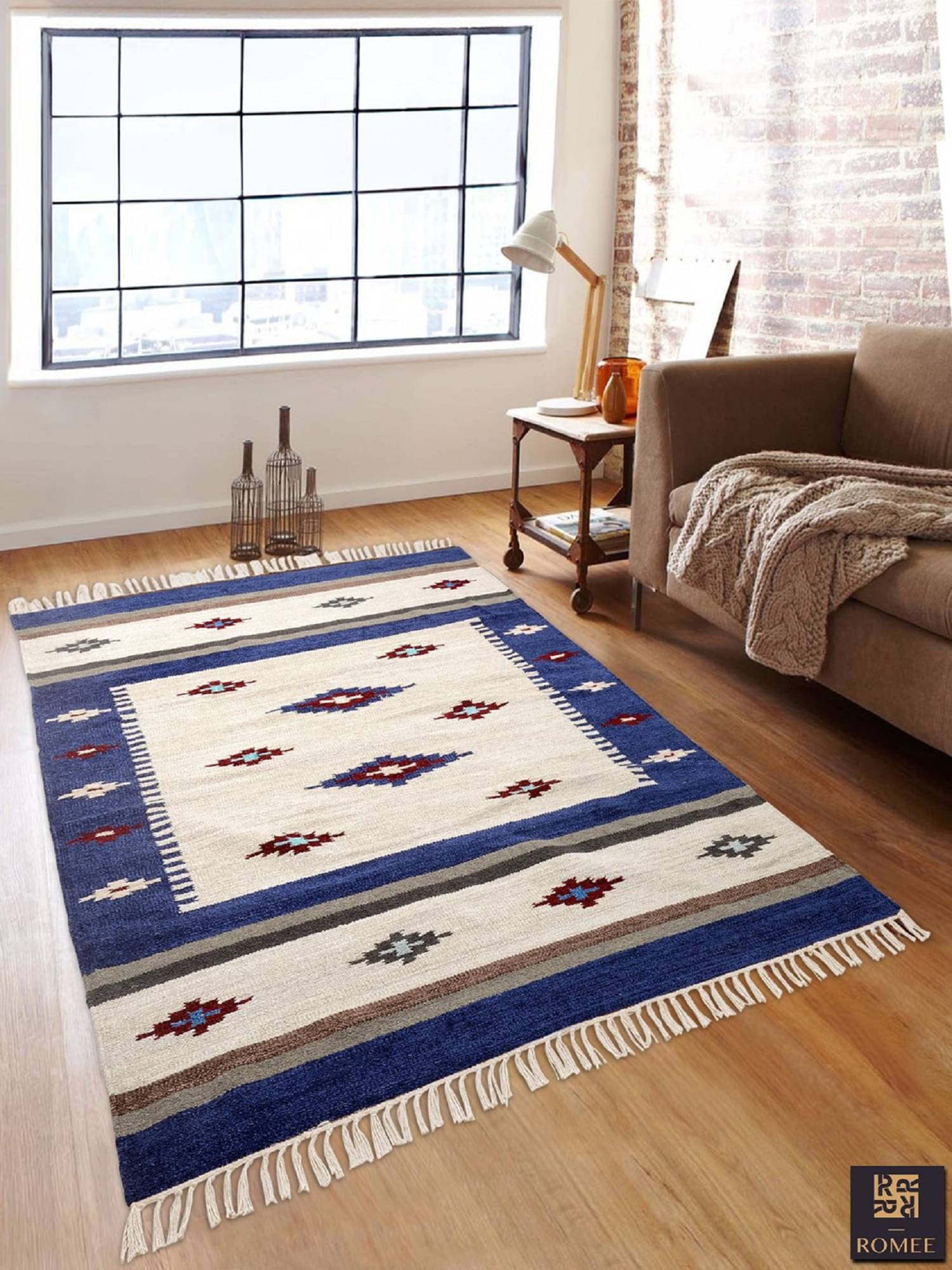     			Romee White Chenille Dhurrie Carpet Ethnic 3x5 Ft