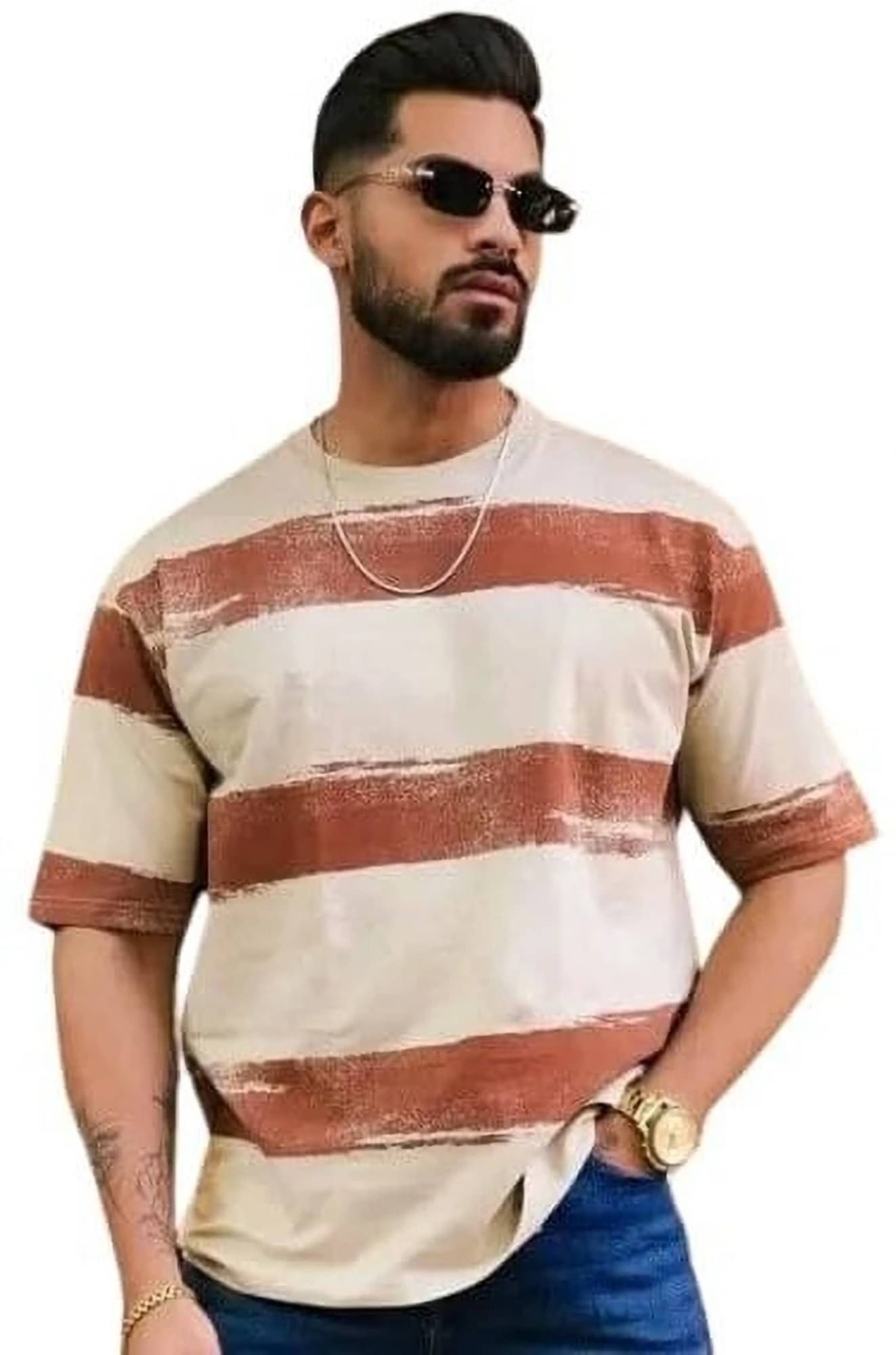     			SPAB Men Cotton Blend Regular Fit Striped T-Shirt ( Brown )