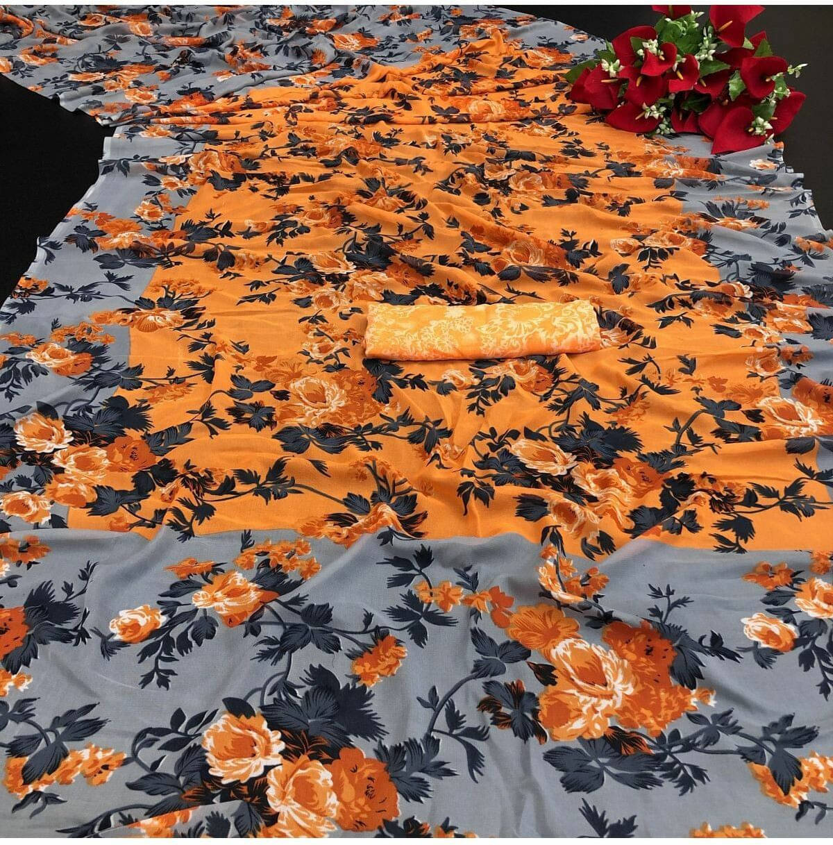 Suali Art Silk Applique Saree With Unstitched Blouse Piece ( Orange ) Suali Art Silk Applique Saree With Unstitched Blouse Piece ( Orange )