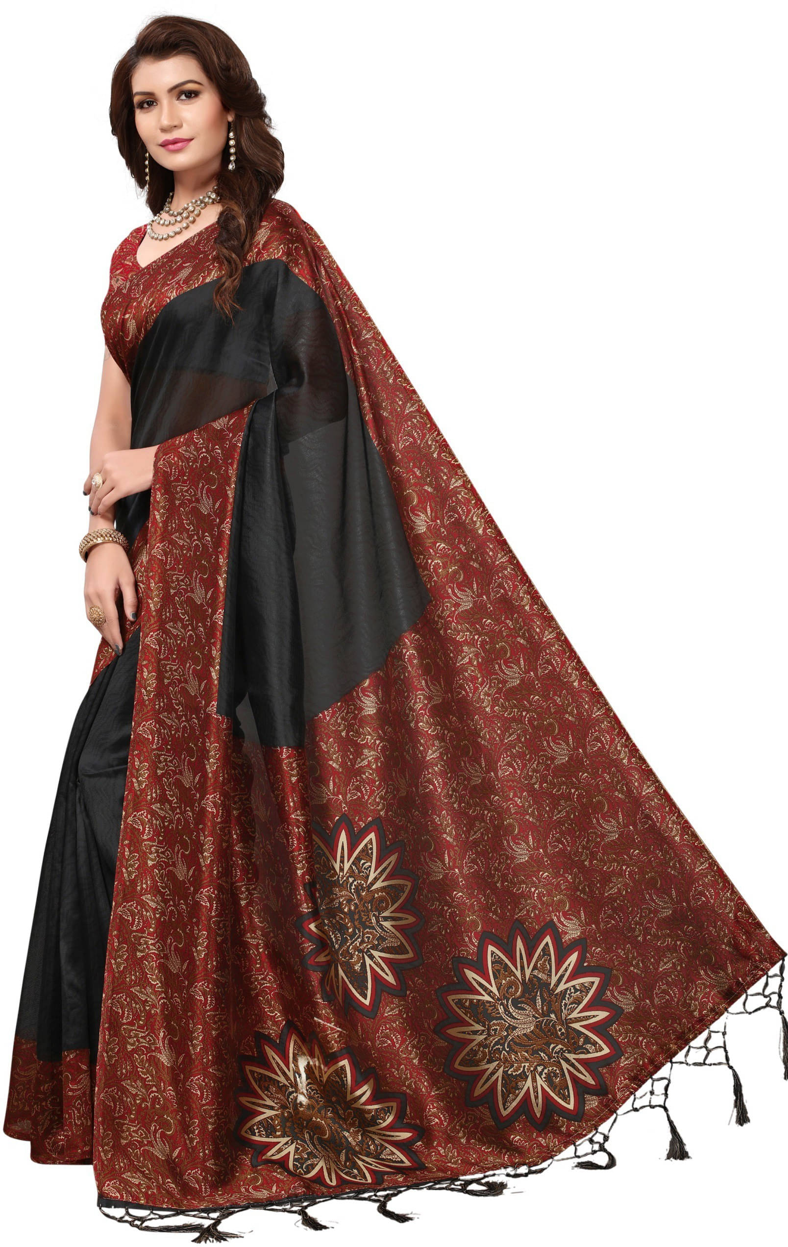     			Suali Art Silk Printed Saree With Unstitched Blouse Piece ( Black )