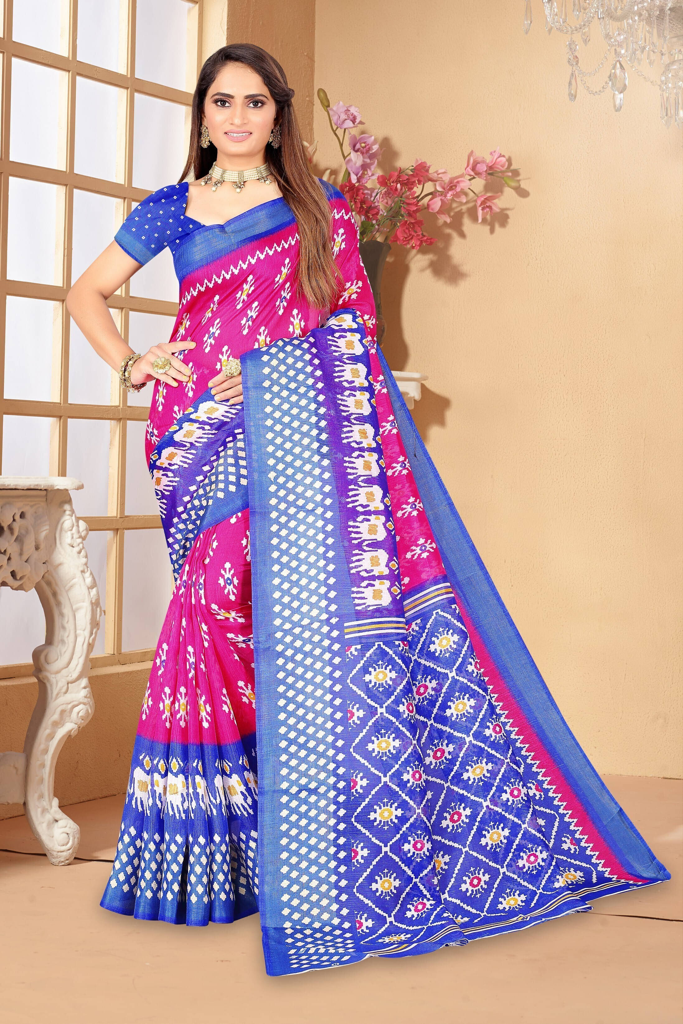     			Suali Art Silk Printed Saree With Unstitched Blouse Piece ( Pink )
