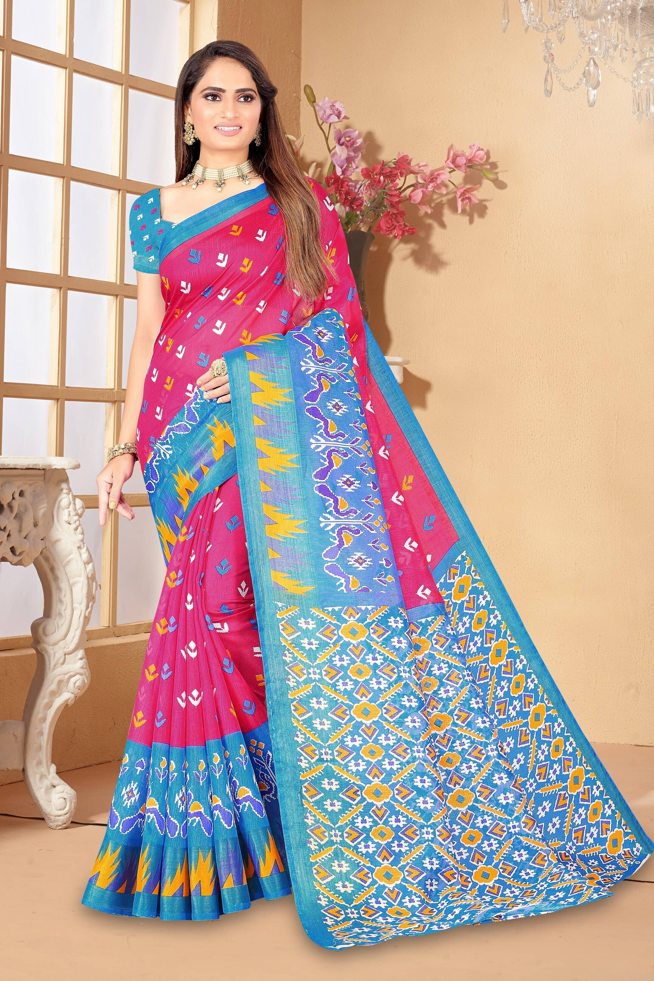     			Suali Art Silk Printed Saree With Unstitched Blouse Piece ( Pink )