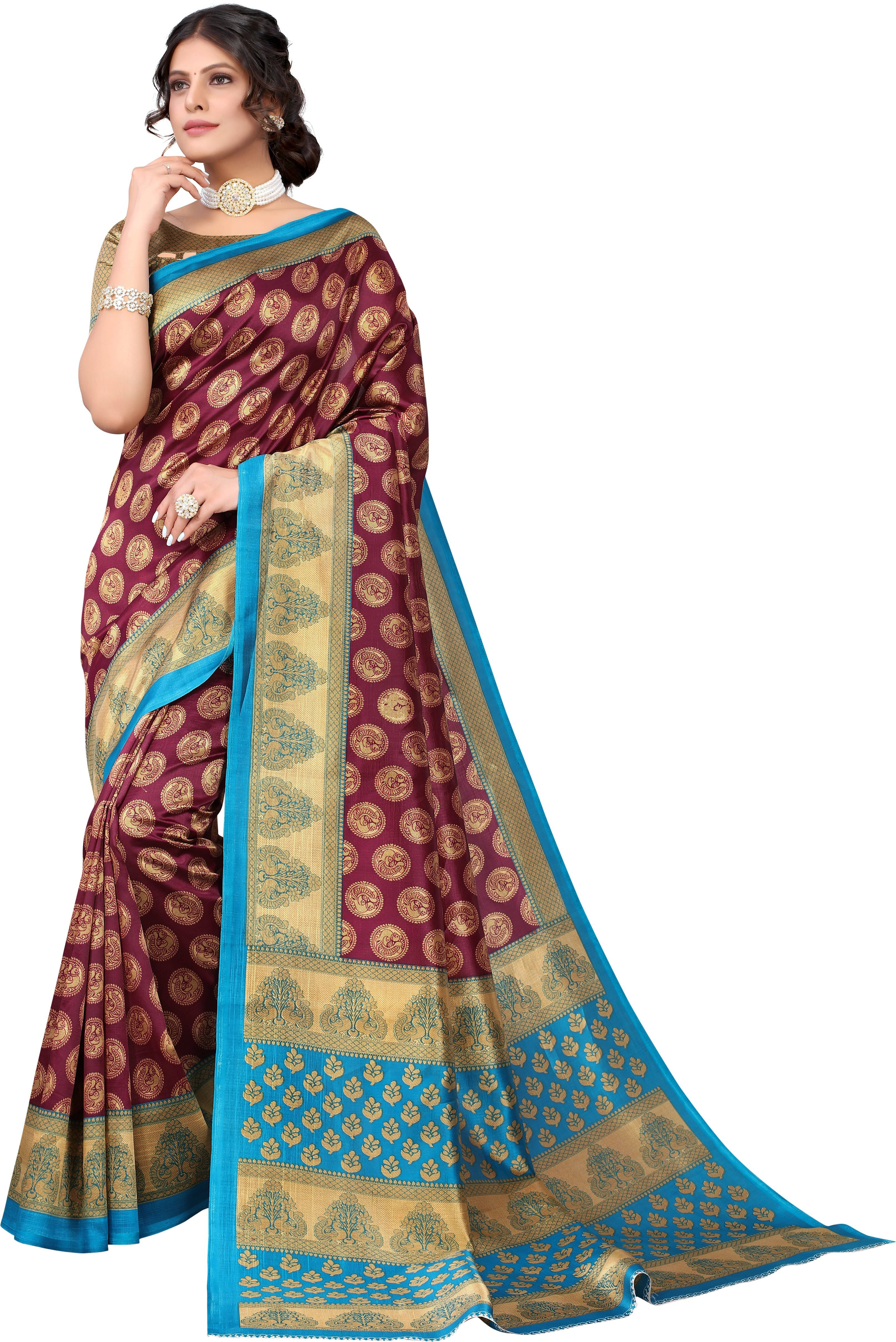     			Suali Art Silk Printed Saree With Unstitched Blouse Piece ( Purple )