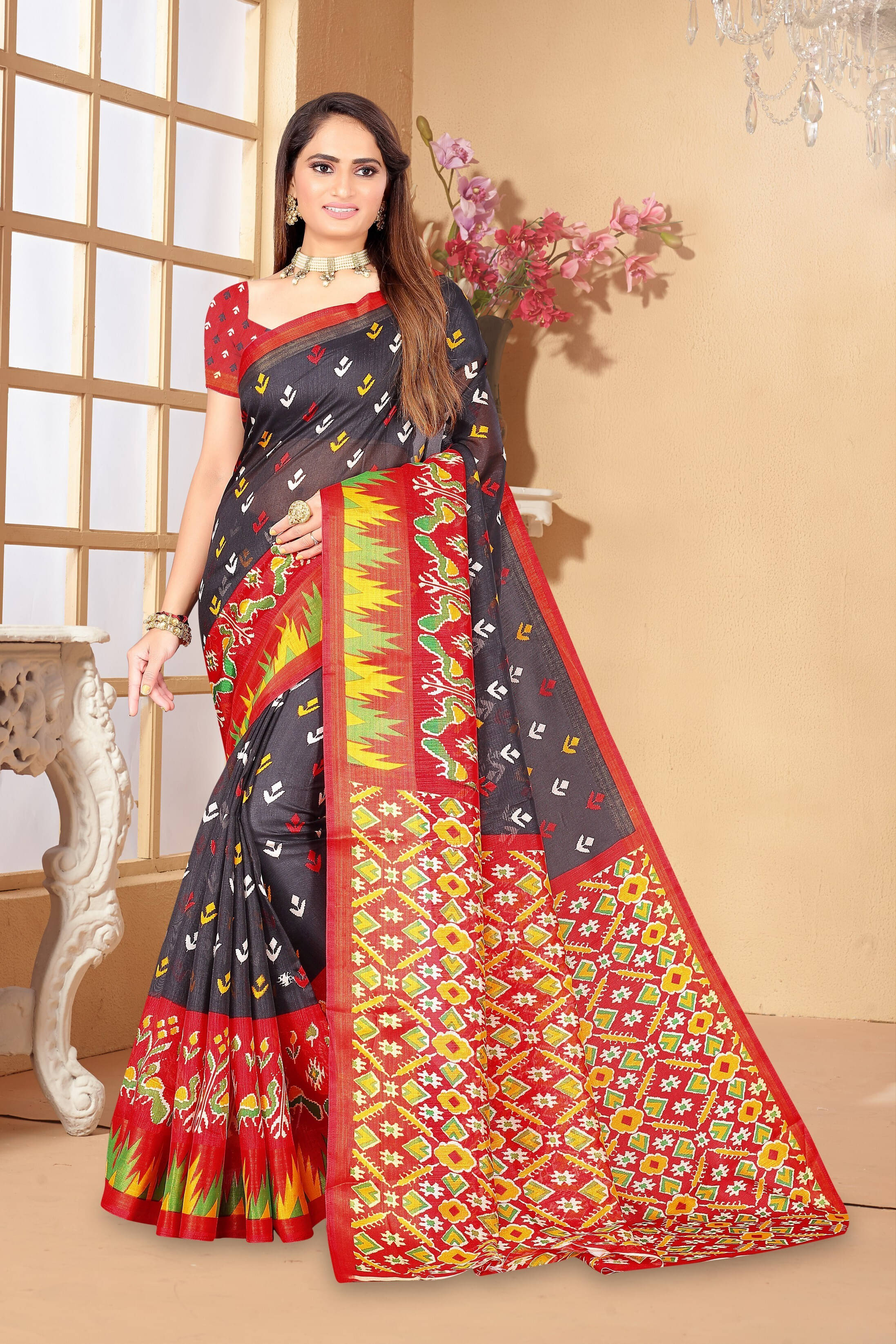     			Suali Art Silk Printed Saree With Unstitched Blouse Piece ( Red )