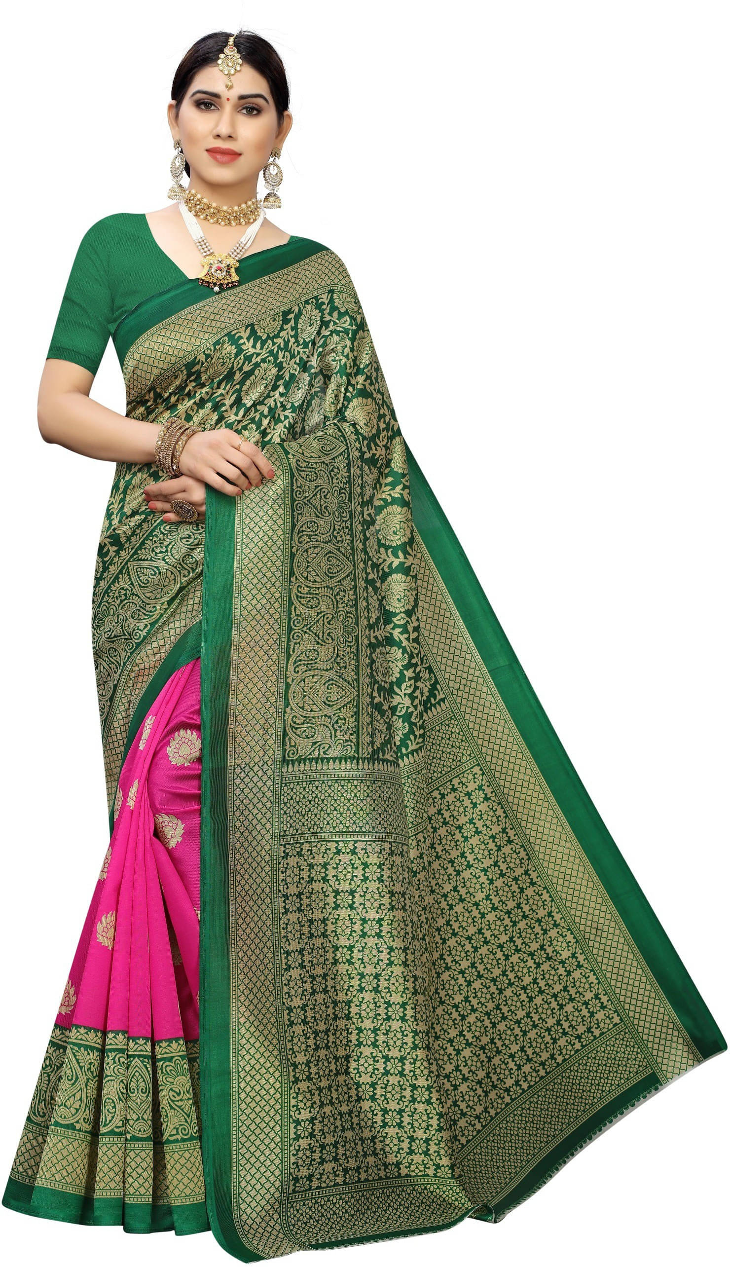     			Suali Art Silk Printed Saree With Unstitched Blouse Piece ( Pink )